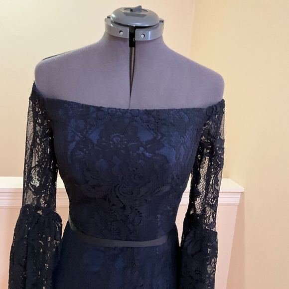 Theia, size 2, navy with black lace overlay, off the shoulder, bell sleeves - Picture 2 of 7